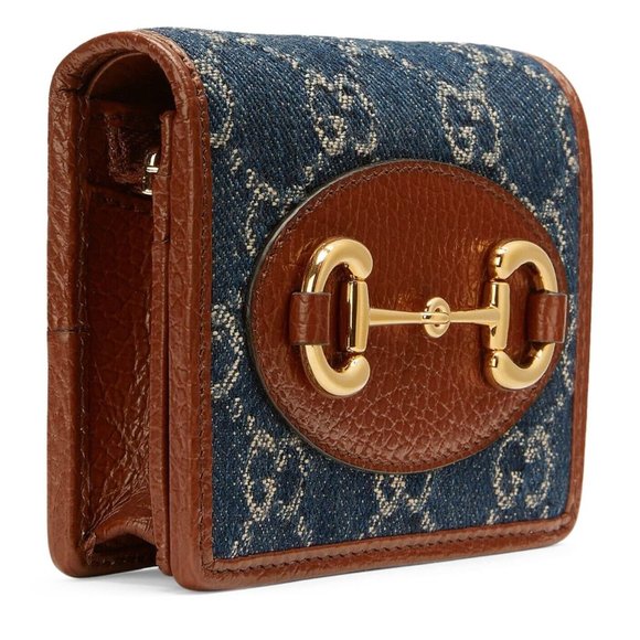 Gucci Horsebit 1955 GG Card Case Wallet Brown Leather Denim Italy New - Picture 2 of 6